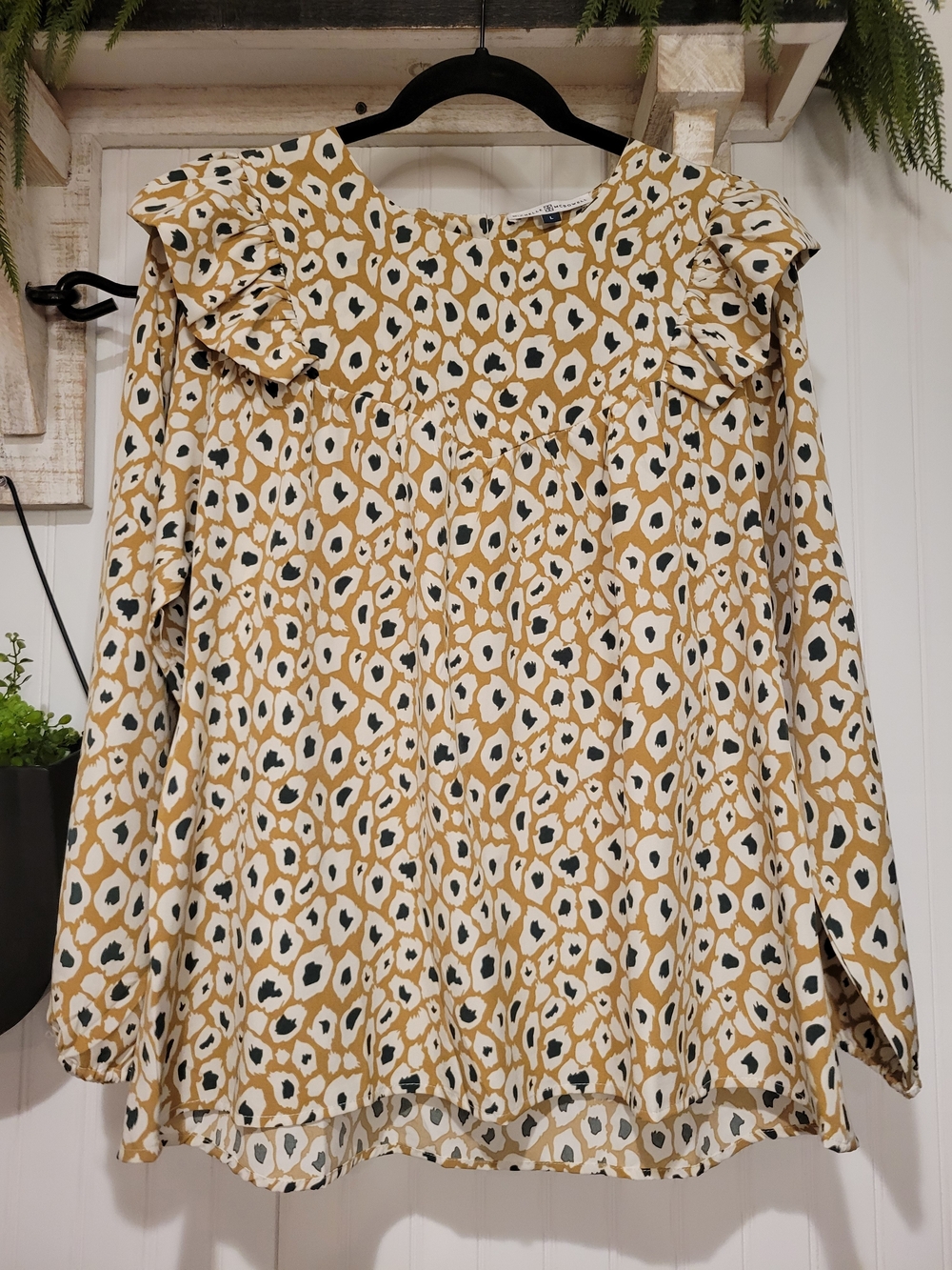 Ruffled Yoke Printed Blouse in Mustard and White